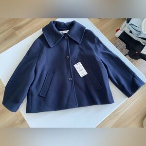 Zara Navy Blue Wool Blend Short Coat Jacket Shirt collar cape sleeve Lined M NWT